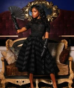 Laura Byrnes Design Shop All In-Stock Items By Size Final Sale - Vintage Inspired Corset Skirt In Black Flocked Harlequin Print | Laura Byrnes