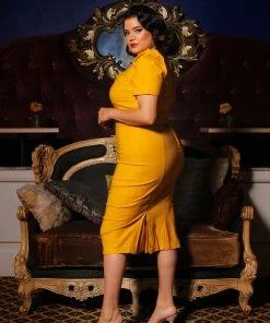 Final Sale - Eliza Wiggle Dress In Mustard Stretch Bengaline | Deadly Dames Shop All In-Stock Items By Size