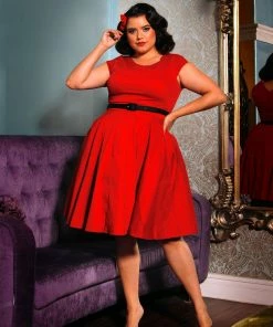 Pinupgirlclothing.com Final Sale - Celia Vintage Swing Dress In Solid Red Cotton Sateen | Pinup Couture Shop All In-Stock Items By Size
