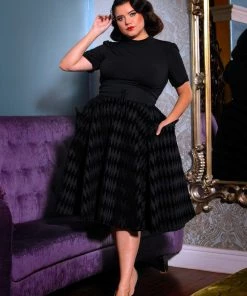 Laura Byrnes Design Shop All In-Stock Items By Size Final Sale - Vintage Inspired Corset Skirt In Black Flocked Harlequin Print | Laura Byrnes