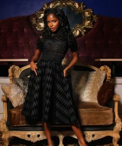 Laura Byrnes Design Shop All In-Stock Items By Size Final Sale - Vintage Inspired Corset Skirt In Black Flocked Harlequin Print | Laura Byrnes