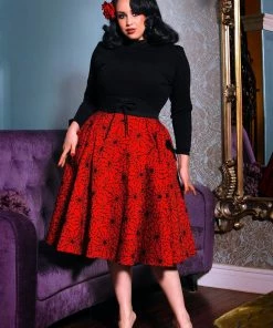Laura Byrnes Design Shop All In-Stock Items By Size Final Sale - Vintage Inspired Corset Skirt In Red & Black Flocked Spiderweb Print | Laura Byrnes