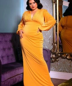Pinup Girl Clothing What's New, Pussycat? Gia Art Deco Gown In Mustard With Bishop Sleeves | Laura Byrnes