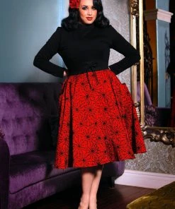 Laura Byrnes Design Shop All In-Stock Items By Size Final Sale - Vintage Inspired Corset Skirt In Red & Black Flocked Spiderweb Print | Laura Byrnes