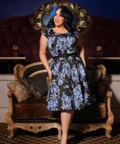 Pinupgirlclothing.com Shop All In-Stock Items By Size Final Sale - Celia Dress In Blue Roses Cotton Sateen | Pinup Couture