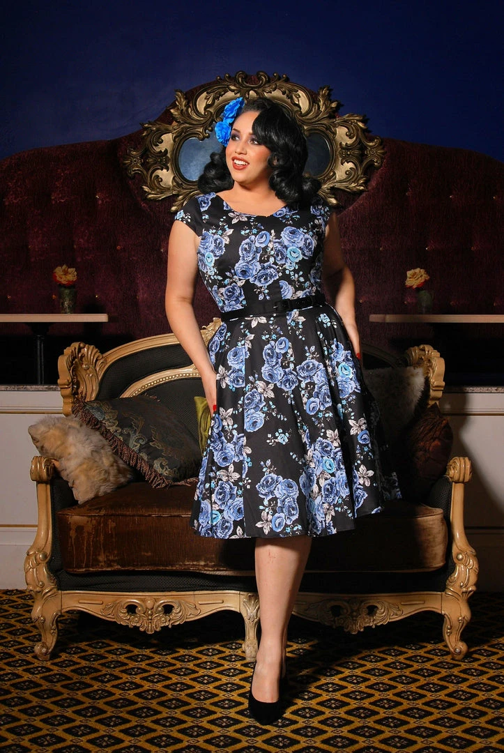 Pinupgirlclothing.com Shop All In-Stock Items By Size Final Sale - Celia Dress In Blue Roses Cotton Sateen | Pinup Couture 3 Pinupgirlclothing.com Shop All In-Stock Items By Size Final Sale - Celia Dress In Blue Roses Cotton Sateen | Pinup Couture