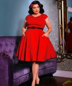 Pinupgirlclothing.com Final Sale - Celia Vintage Swing Dress In Solid Red Cotton Sateen | Pinup Couture Shop All In-Stock Items By Size