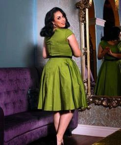 Pinupgirlclothing.com Shop All In-Stock Items By Size Final Sale - Celia Vintage Swing Dress In Olive Cotton Sateen | Pinup Couture