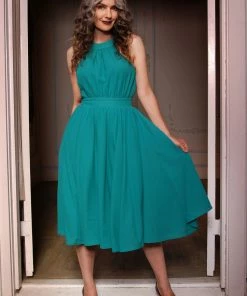 Pinupgirlclothing.com Final Sale - Maybelle Gathered Swing Dress In Solid Jade | Laura Byrnes