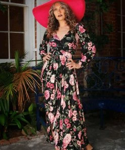 Final Sale - Kimberly 70s Maxi Dress In Dark Floral Cotton Knit | Pinup Couture Shop All In-Stock Items By Size