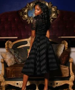 Laura Byrnes Design Shop All In-Stock Items By Size Final Sale - Vintage Inspired Corset Skirt In Black Flocked Harlequin Print | Laura Byrnes