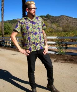 LBHM Unisex Button Down Shirt In Daddy Cthulhu Sateen | Laura Byrnes & Hope Johnstun What's New, Pussycat?