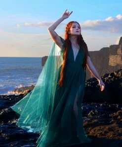 Rubber Ducky Gothic Glamour - Bombshell Plunge Maxi Gown In Peacock Green With Sheer Mesh Sleeves What's New, Pussycat?