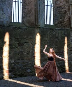 LBHM Amalie Ballerina Daytime Maxi Gown In Gold And Black Medallions Crepe | Laura Byrnes & Hope Johnstun