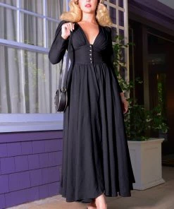Clarice 40s Coat Dress In Solid Black Poly Crepe | Laura Byrnes Design What's New, Pussycat?