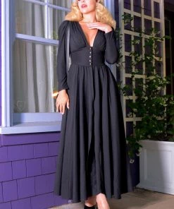 Clarice 40s Coat Dress In Solid Black Poly Crepe | Laura Byrnes Design What's New, Pussycat?