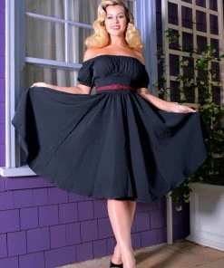 Marie-Thérèse Peasant Dress With Short Sleeves In Black Poly Crepe | Pinup Couture What's New, Pussycat?