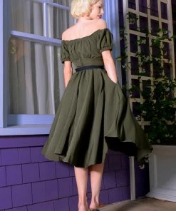 OYS - Marie-Thérèse Peasant Dress With Short Sleeves In Olive Poly Crepe | Pinup Couture - L60