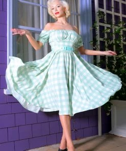 LBHM What's New, Pussycat? Marie-Thérèse Short Sleeved Peasant Dress In Sage Gingham Twill | Laura Byrnes & Hope Johnstun