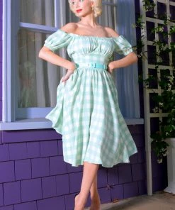 LBHM What's New, Pussycat? Marie-Thérèse Short Sleeved Peasant Dress In Sage Gingham Twill | Laura Byrnes & Hope Johnstun