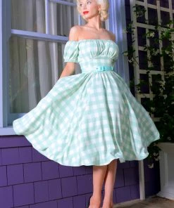 LBHM What's New, Pussycat? Marie-Thérèse Short Sleeved Peasant Dress In Sage Gingham Twill | Laura Byrnes & Hope Johnstun