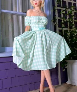 LBHM What's New, Pussycat? Marie-Thérèse Short Sleeved Peasant Dress In Sage Gingham Twill | Laura Byrnes & Hope Johnstun