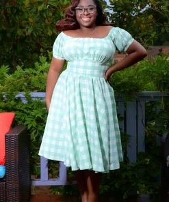 LBHM What's New, Pussycat? Marie-Thérèse Short Sleeved Peasant Dress In Sage Gingham Twill | Laura Byrnes & Hope Johnstun