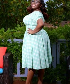 LBHM What's New, Pussycat? Marie-Thérèse Short Sleeved Peasant Dress In Sage Gingham Twill | Laura Byrnes & Hope Johnstun