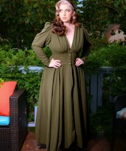 LB Clarice Coat Dress In Olive Green Poly Crepe | Laura Byrnes Design