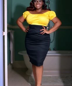 Pinup Couture Peasant Top In Yellow Stretch Cotton Sateen What's New, Pussycat?