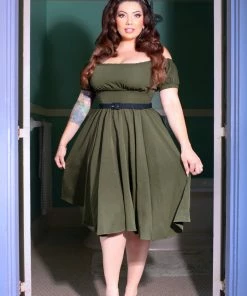Marie-Thérèse Peasant Dress With Short Sleeves In Olive Poly Crepe | Pinup Couture