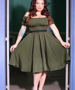 Marie-Thérèse Peasant Dress With Short Sleeves In Olive Poly Crepe | Pinup Couture