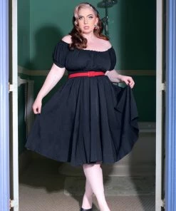 Marie-Thérèse Peasant Dress With Short Sleeves In Black Poly Crepe | Pinup Couture What's New, Pussycat?