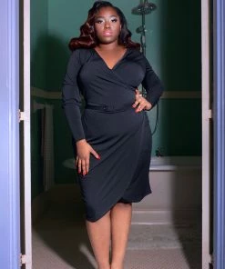 Greta Long Sleeved Faux Wrap Wiggle Dress In Black | Laura Byrnes Design 9 Greta Long Sleeved Faux Wrap Wiggle Dress In Black | Laura Byrnes Design