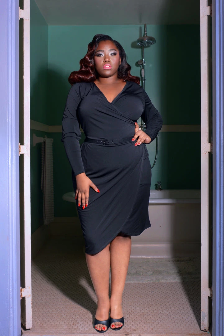 Greta Long Sleeved Faux Wrap Wiggle Dress In Black | Laura Byrnes Design 5 Greta Long Sleeved Faux Wrap Wiggle Dress In Black | Laura Byrnes Design