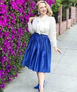 What's New, Pussycat? Bella Vintage Gathered Swing Skirt With Pockets In Solid Royal Blue Sateen | Pinup Couture