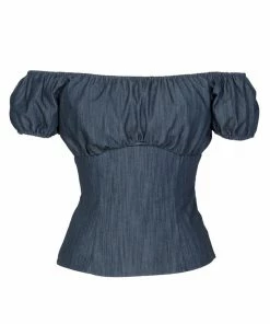 LBHM Final Sale - Classic Peasant Top In Blue Denim | Pinup Couture