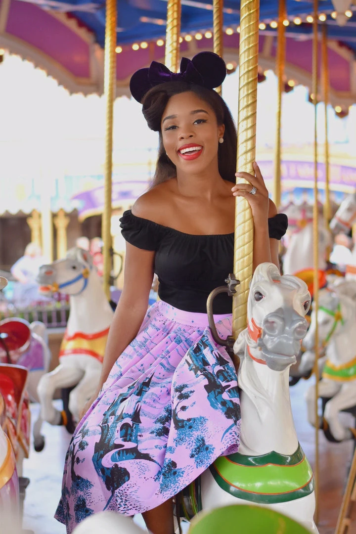 Final Sale - Bella Vintage Gathered Swing Skirt In Pink Fairy Tale Castle Print | Pinup Couture 7 Final Sale - Bella Vintage Gathered Swing Skirt In Pink Fairy Tale Castle Print | Pinup Couture