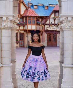 Final Sale - Bella Vintage Gathered Swing Skirt In Pink Fairy Tale Castle Print | Pinup Couture 17 Final Sale - Bella Vintage Gathered Swing Skirt In Pink Fairy Tale Castle Print | Pinup Couture