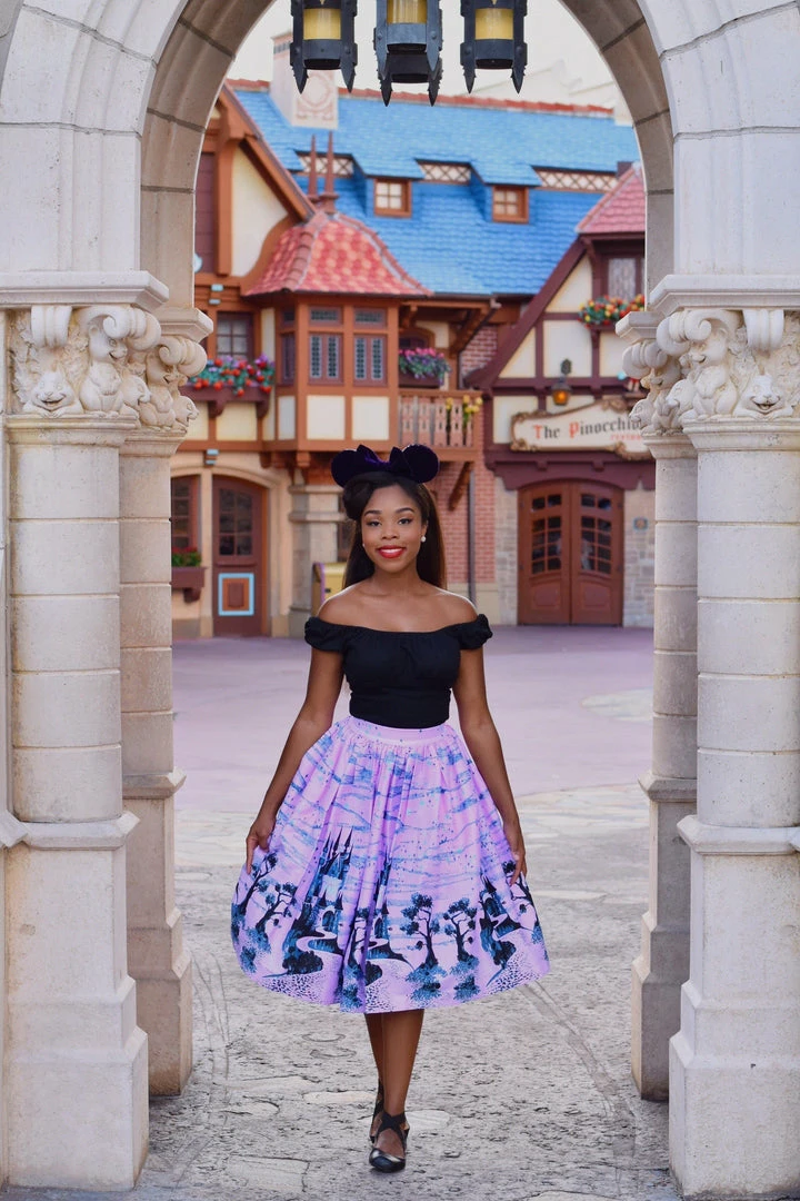 Final Sale - Bella Vintage Gathered Swing Skirt In Pink Fairy Tale Castle Print | Pinup Couture 10 Final Sale - Bella Vintage Gathered Swing Skirt In Pink Fairy Tale Castle Print | Pinup Couture