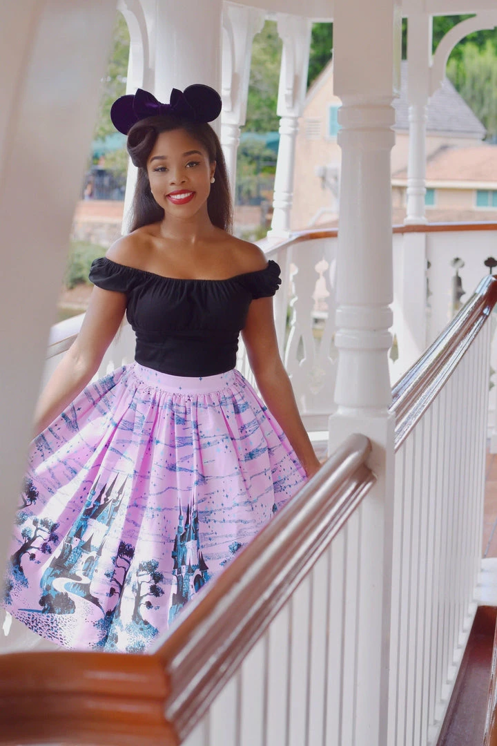 Final Sale - Bella Vintage Gathered Swing Skirt In Pink Fairy Tale Castle Print | Pinup Couture 8 Final Sale - Bella Vintage Gathered Swing Skirt In Pink Fairy Tale Castle Print | Pinup Couture