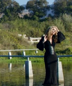 Pinup Girl Clothing Shop All In-Stock Items By Size Gia Art Deco Gown In Black With Bishop Sleeves | Laura Byrnes