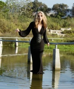 Pinup Girl Clothing Shop All In-Stock Items By Size Gia Art Deco Gown In Black With Bishop Sleeves | Laura Byrnes