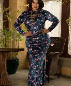 Traci Lords For Couture For Every Body Shop All In-Stock Items By Size Final Sale - Supreme Maxi Dress In Blue Floral Velvet With Removable Shrug | Traci Lords