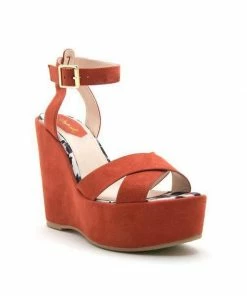 LUV Fashion What's New, Pussycat? Katherine Platform Wedge Sandal In Rust Faux Suede