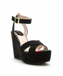 LUV Fashion Katherine Platform Wedge Sandal In Black Faux Suede What's New, Pussycat?