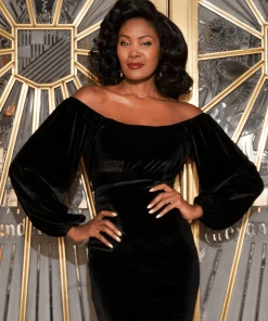 Pinup Girl Clothing Swann Long Sleeve Peasant Top In Black Stretch Velvet | Pinup Couture 15 Pinup Girl Clothing Swann Long Sleeve Peasant Top In Black Stretch Velvet | Pinup Couture