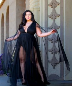 Rubber Ducky Coming Soon - Gothic Glamour Bombshell Gown In Black With Floor Length Sheer Cape Sleeves What's New, Pussycat?