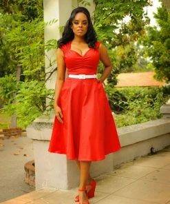 Pinupgirlclothing.com Final Sale - Vintage Inspired Heidi Dress In Solid Red Cotton Sateen | Pinup Couture