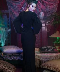 Pinup Girl Clothing Shop All In-Stock Items By Size Gia Art Deco Gown In Black With Bishop Sleeves | Laura Byrnes